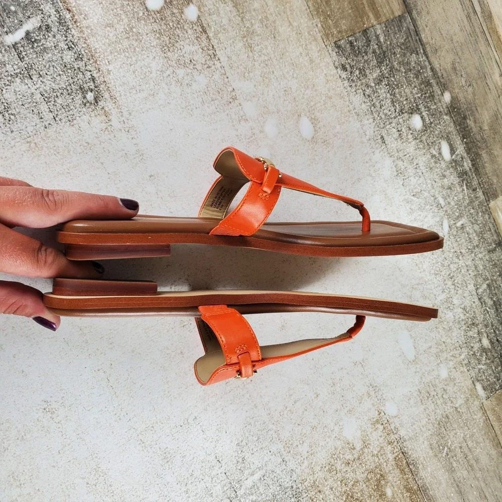 Michael Kors Lena Womens T-Strap Sandal Sz 6.5 M Orange Leather Slip On Open Toe